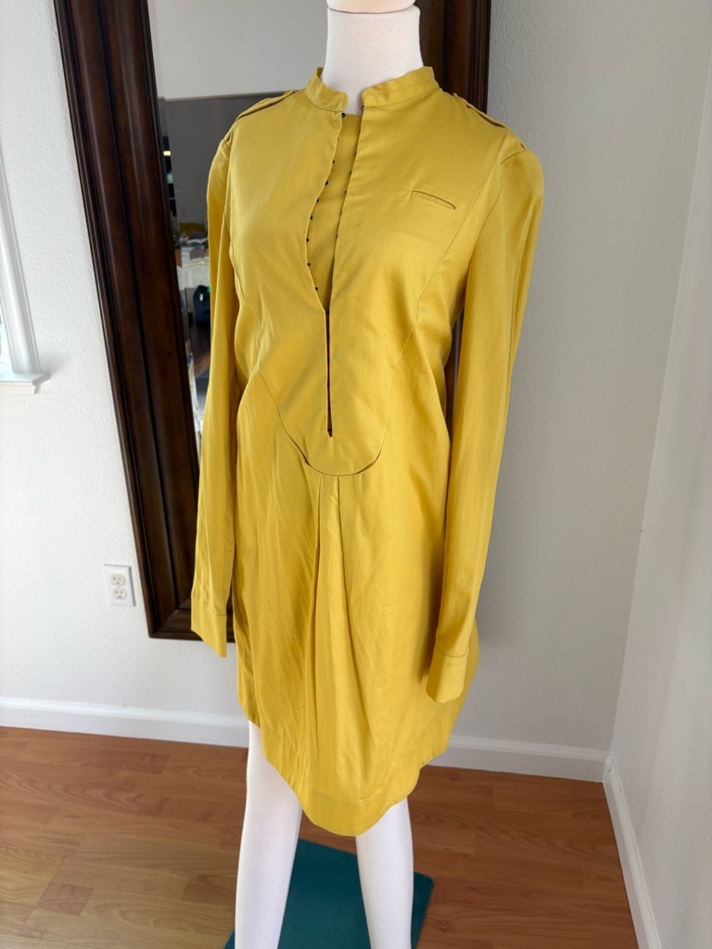 Mandarin-Collar Mustard Long-Sleeve Shift Dress